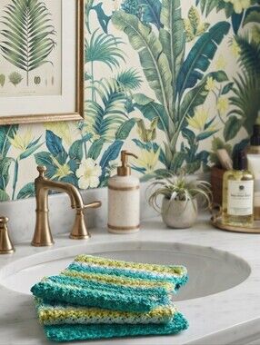 Handcrafted Crochet Dishcloth Set 8x8 Eco-Friendly Cotton Tropical Green Palette